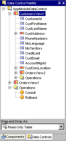 Data Control Palette displays table selection