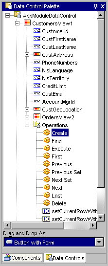 Data Control Palette displays Create operation
