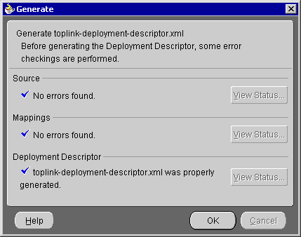 This figure shows the Generate TopLink Deployment Descriptor dialog.