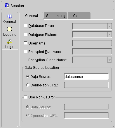 This figure shows the General tab of a TopLink session Login.
