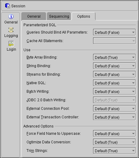 This figure shows the Options tab of a TopLink session Login.