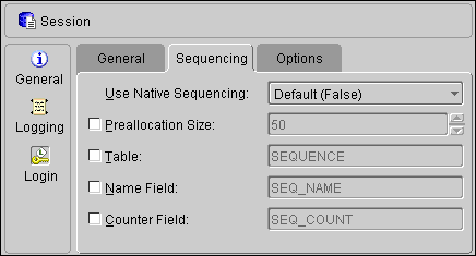 This figure shows the Sequencing tab of a TopLink session ogin.