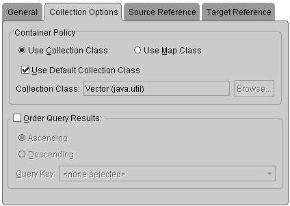 This figure shows the Collection Options tab of a many-to-many mapping.