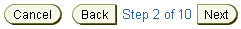 Cancel button, Back and Next buttons, Step 2 of 10
