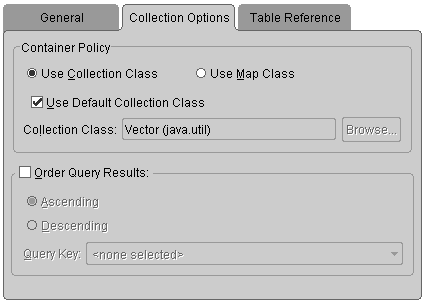 This figure shows the Collection Options tab of a one-to-many mapping.