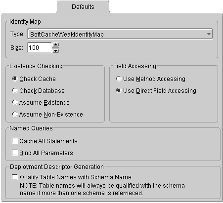 This figure shows the TopLink Mapping Editor Defaults tab.