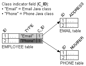 
<p>This figure shows the implementation of a class indicator field. The source 
  table (EMPLOYEE table) has an indicator column (TYPE) that specifies the target 
  the target for the row (either PHONE or EMAIL).
