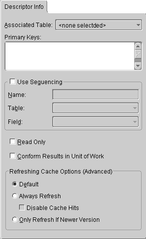 This figure shows the Descriptor Info tab.
Use this page to associate a primary table with the TopLink descriptor, define primary key(s), specify sequencing information, and set caching options.