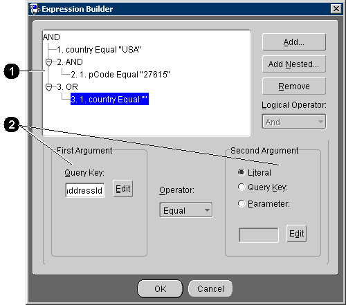 This figure shows the main parts of the Expression Builder dialog box. 
- Expression tree
- Arguments