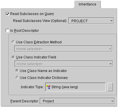 This figure shows the Inheritance of a TopLink descriptor tab for a branch or leaf class.