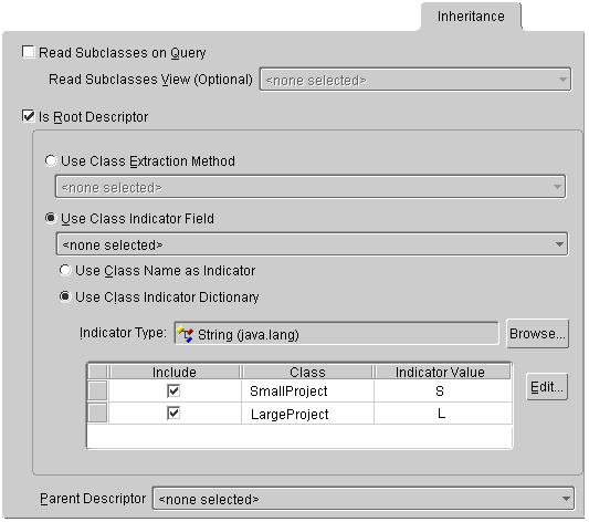 This figure shows the Inheritance tab of a TopLink descriptor for a root class.