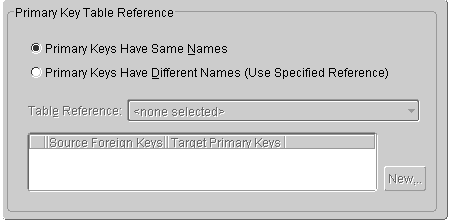 This figure shows the Table Reference area of the
Multi-table Info tab for table references in which
the primary keys have the same names.