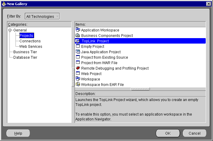 This figure shows the New dialog box. In the Categories area,
the General | Deployment Descriptors option is selected. In
the Items area, the TopLink Deployment Descriptor option
is selected.