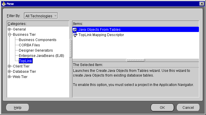 This figure shows the New dialog box. In the Category area, the General | Deployment Descriptors option is selected. In 
the Items area, the Java Objects From Tables option is selected.