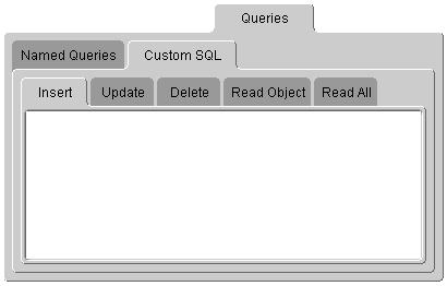 This figure shows the Custom SQL tab on the Queries tab. This
tab also includes the following tabs:
 - Insert
 - Update
 - Delete
 - Read Object
 - Read All