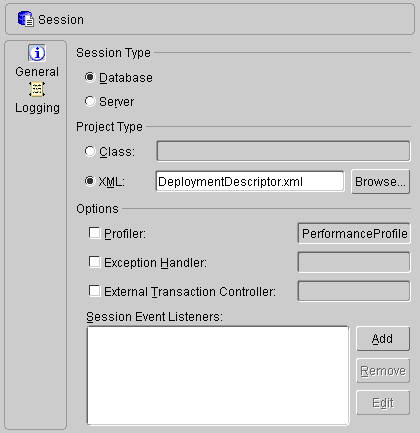 This figure shows the General tab of a TopLink session.