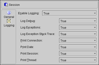 This illustration shows the Session - Loggin Property sheet.