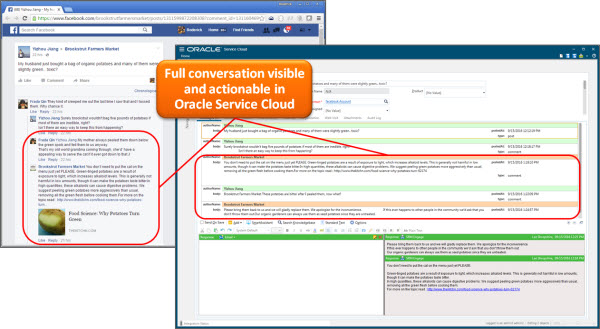 This figure shows that a Facebook conversation is also visible and actionable in Oracle Service Cloud.