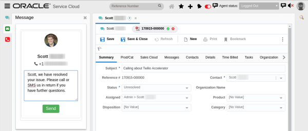 This figure shows the draft SMS message in the call window.