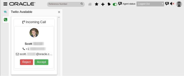 This figure shows the incoming call window that displays when the agent is available.