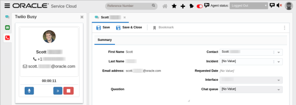 This figure shows the incoming call window that displays when the agent is busy. Here the caller’s phone number is associated with a contact, whose information appears automatically.