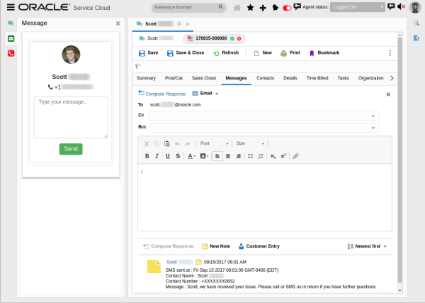 This figure shows the incident thread created from the SMS message, with the timestamp, contact details, and message content.
