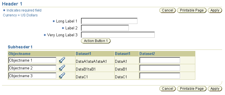 Action/Naviation Buttons (Printable Page, Cancel, and Apply) and Two Key Notation Items (Required Field and Currency)