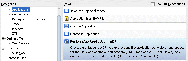 New Gallery selecting the Fusion Web Application option