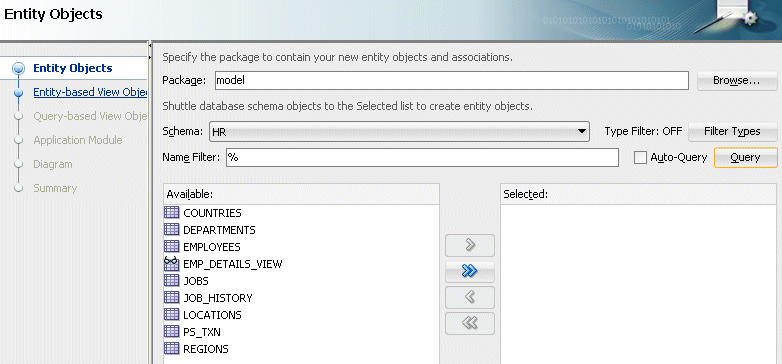 Business Components from Tables wizard clicking the Query button